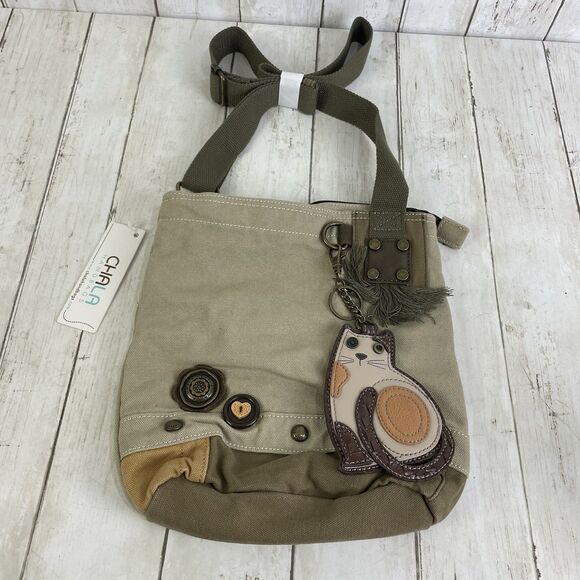 Chala Purse Sand Canvas Crossbody with Calico Cat Key Chain Change Purse NWT - Picture 1 of 13